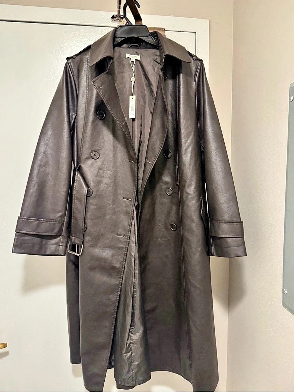 Max studio Faux Leather Trench Coat Double-Breasted Belted Trench Coat XL